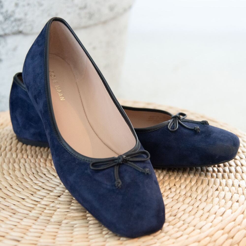 Cole Haan Classic Ballerina Flats Navy Suede Square Toe Size 9B Leather Liningng